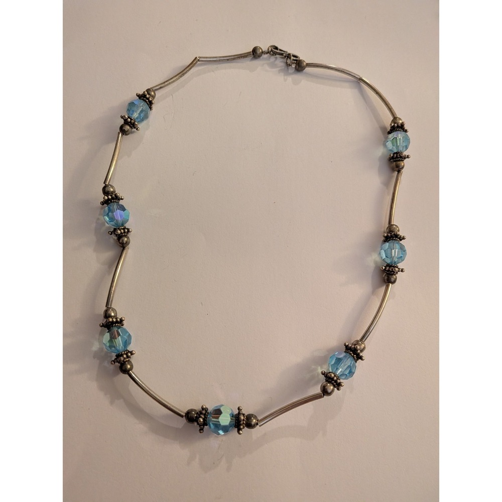 Vintage 925 Sterling Silver Blue Crystal Liquid Silver Bar Necklace Boho 16in